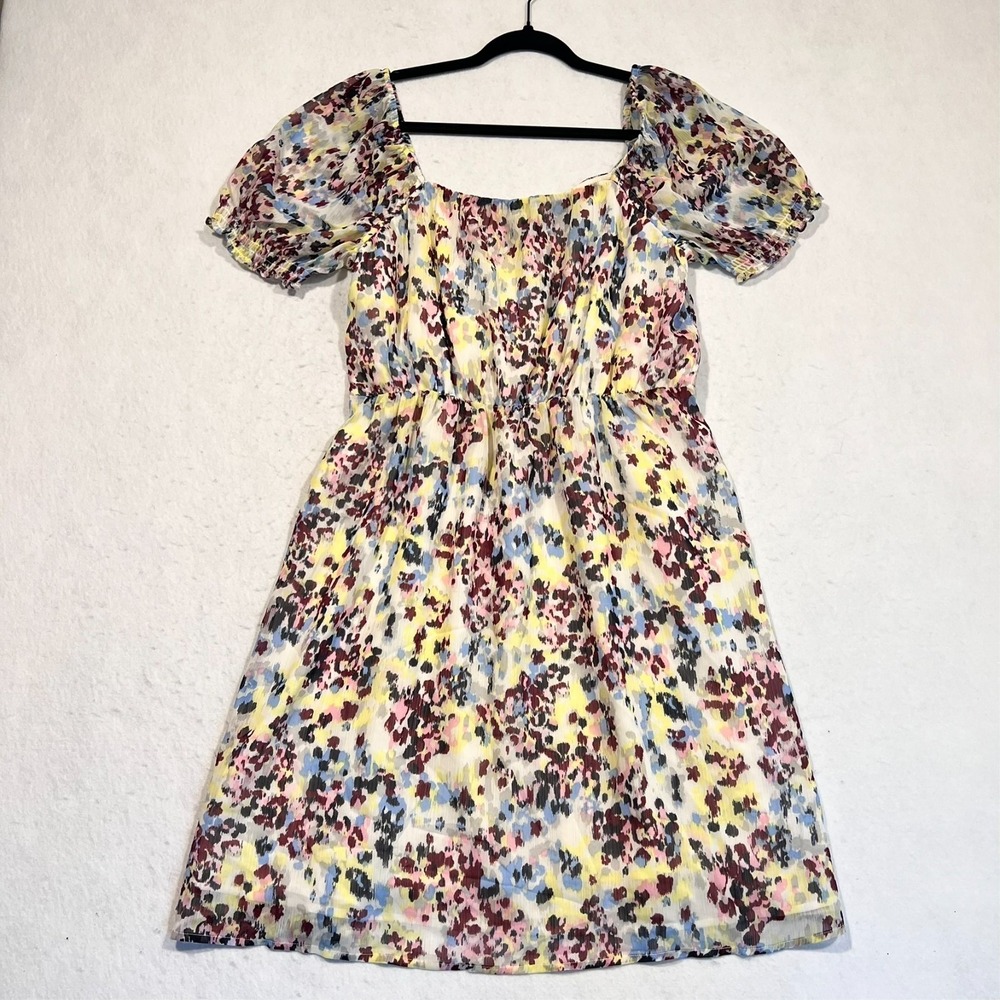 Banana Republic Dress Fit & Flare Square Neck Short Puff Sleeve Womens Large NWT